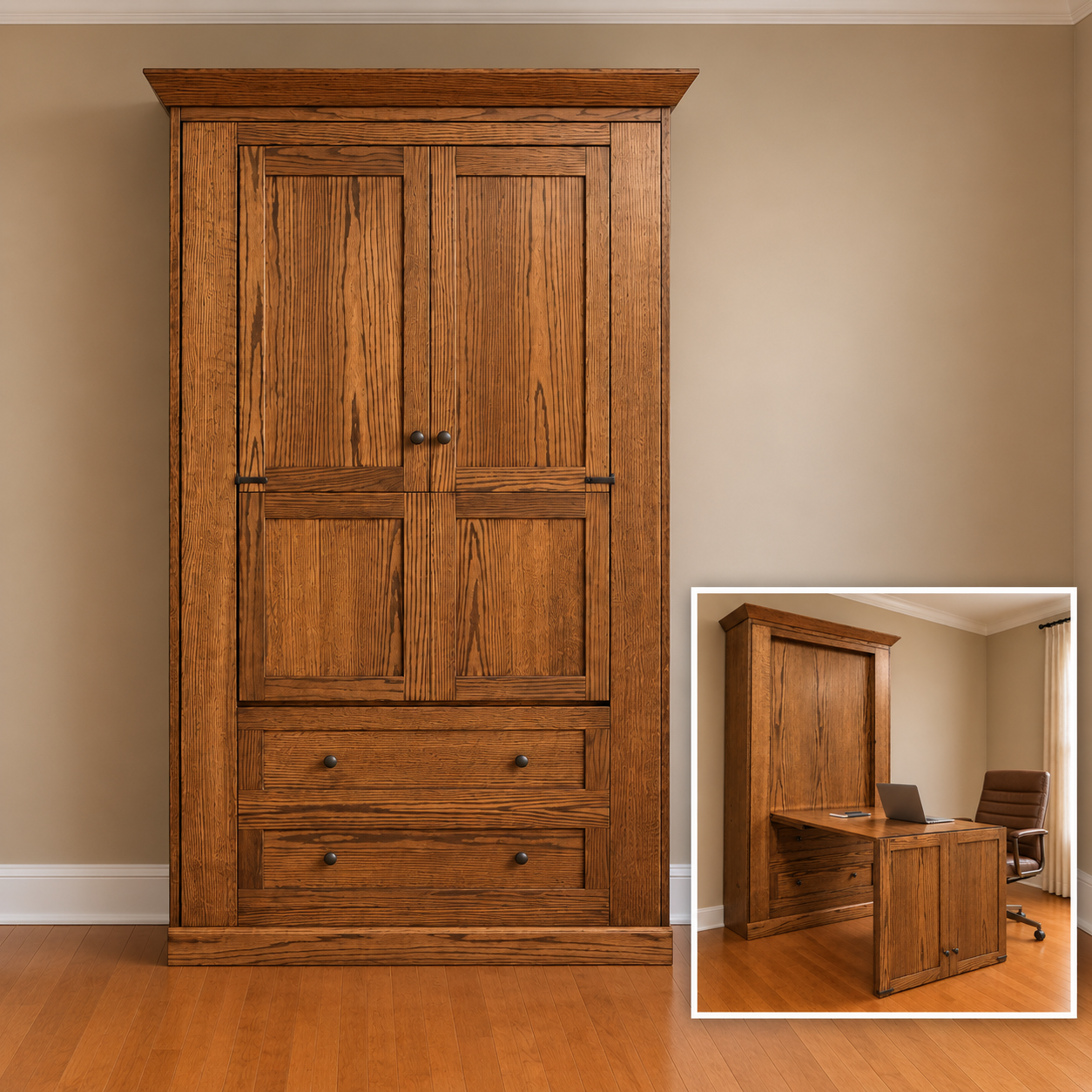 Twin Murphy bed with hidden desk