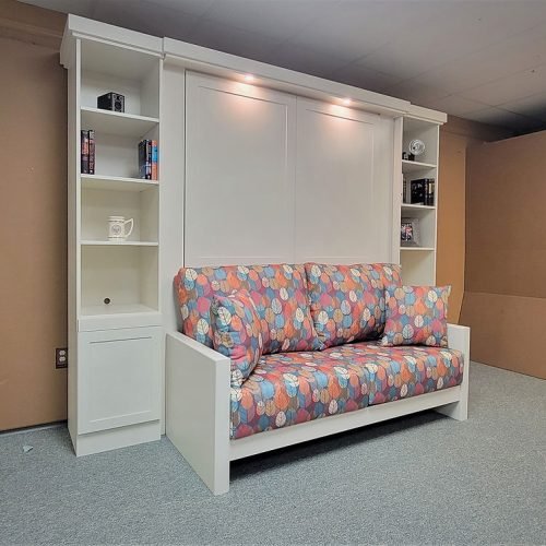 White murphy bed with sofa colorful print 155-0622 style murphy bed and sofa.
