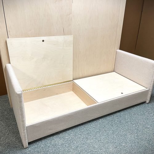 Sofa and Murphy bed with storage in the base. Modern Arm Murphy Bed Sofa shown with sofa storage open.